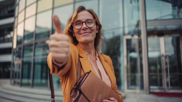 Photo midaged woman with a briefcase giving a thumbsup outside a corporate building indicating professional success mid aged woman successful deal