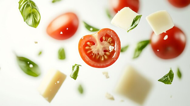 Photo a midair arrangement of fresh tomato slices basil leaves and mozzarella cheese cubes against a white background