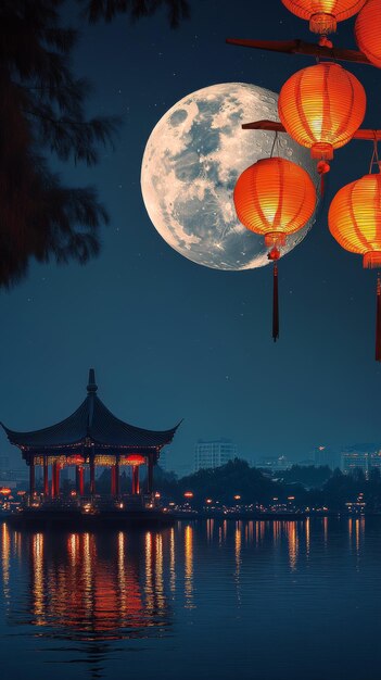 Photo midautumn moon festival themed celebration wallpaper hangzhou westlake full moon in background midau