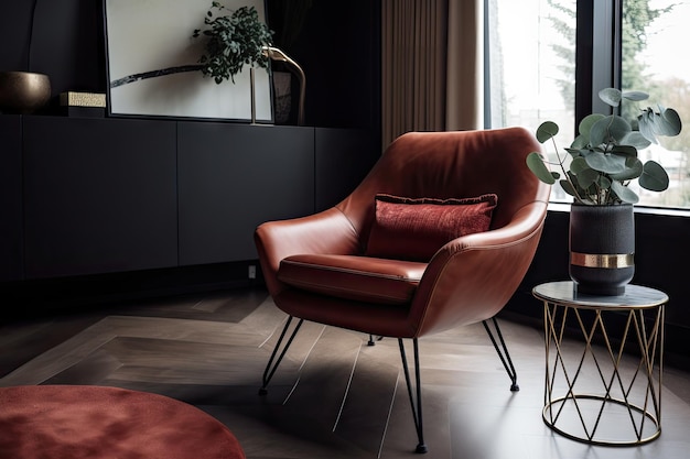 Midcentury armchair with plush leather seating and distinctive metal legs