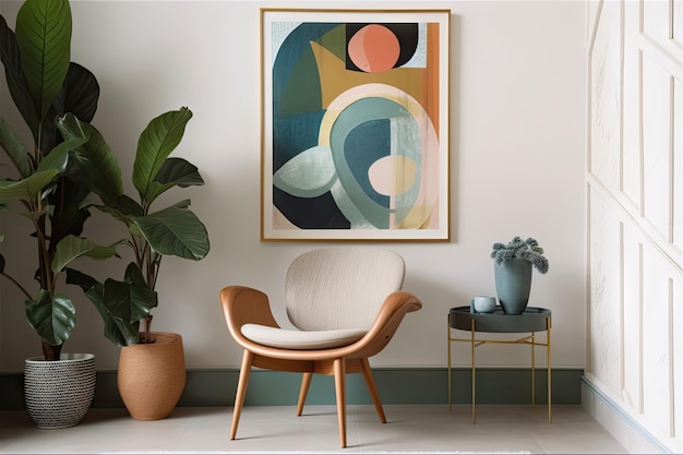 Midcentury modern chair surrounded by art and plants in contemporary interior created with generative ai