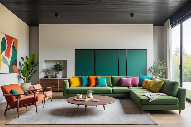 Midcentury modern chair with a blanket and a large sofa with colorful cushions in a spacious living room interior with green plan