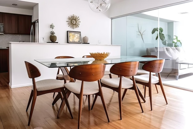 Midcentury modern dining room with sleek chairs and glass tabletop created with generative ai