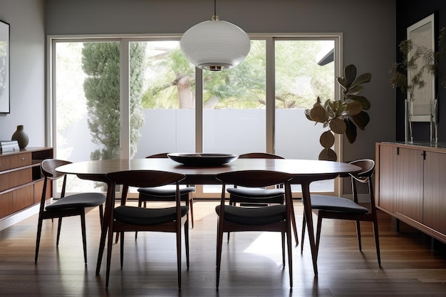 Midcentury modern dining room with sleek table and chairs and pendant lighting