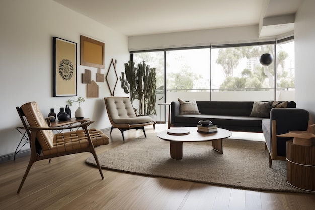 Midcentury modern furniture with warm wood and metal accents in minimalist living room