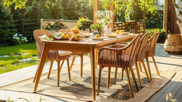 MidCentury Modern Rectangular Patio Dining Set with Rattan Chairs Sunny Home Garden generative ai