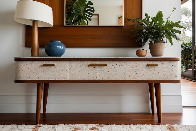 Photo midcentury modern terrazzo console table in an entryway showcasing terrazzos retro resurgence