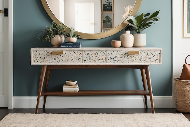 Photo midcentury modern terrazzo console table in an entryway