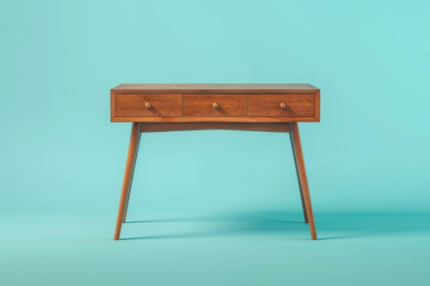 MidCentury Modern Wooden Desk With Three Drawers on Light Blue Background