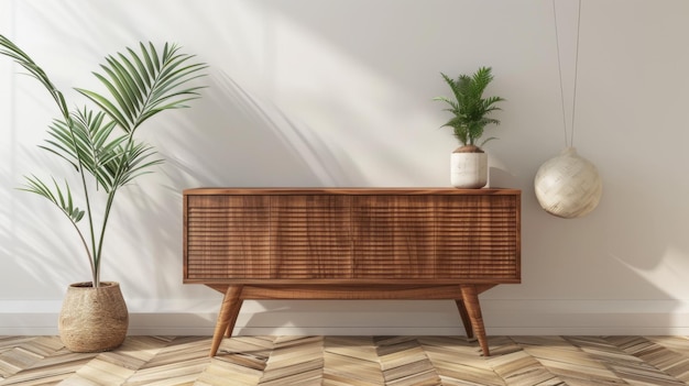 Midcentury modern wooden sideboard with plants generative ai