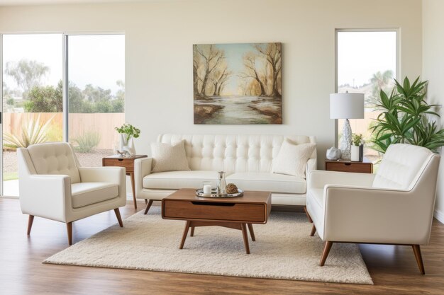 Midcentury style home interior design of a modern living room with a white sofa armchairs and a coffee table