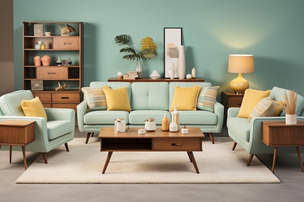 Midcentury style home interior design of a modern living room with a white sofa armchairs and a coffee table