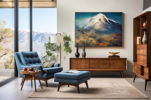 Midcentury style interior design of modern living room with blue chair and brown cabinet isolated