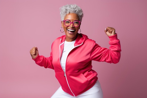 Middle age African American woman in sports clothing doing some fun dance moves