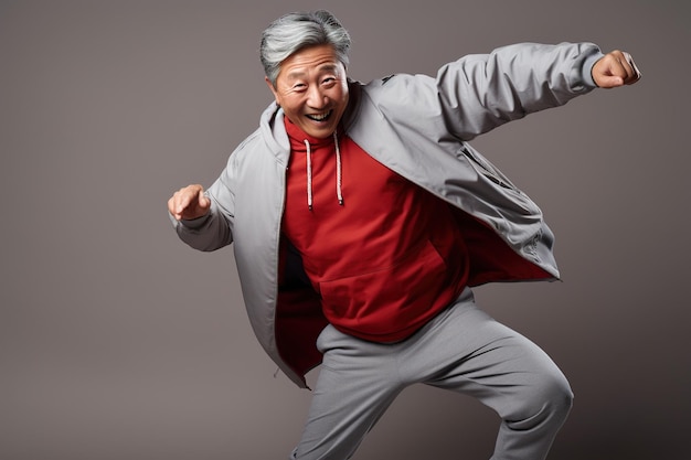 Middle age asian man in sports clothing doing some fun dance moves