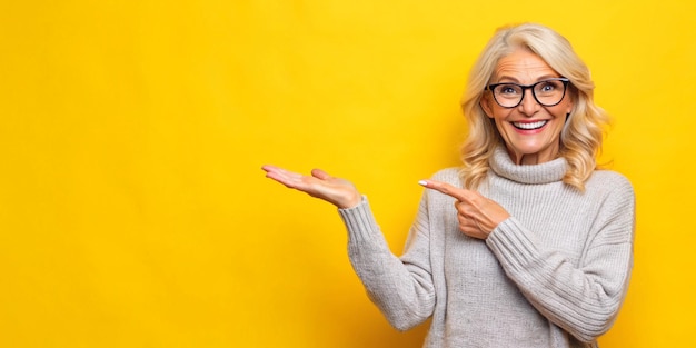 Photo middle age beautiful blonde woman casual sweater glasses yellow background pointing