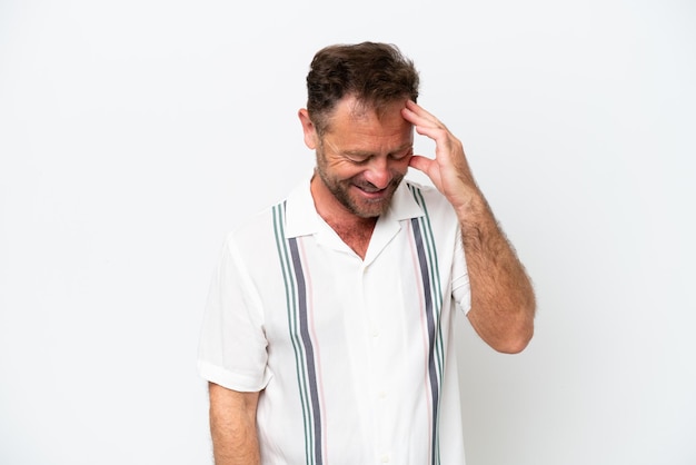 Middle age caucasian man isolated on white background laughing