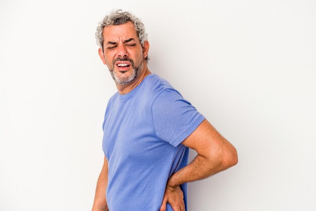 Middle age caucasian man isolated on white background  suffering a back pain.