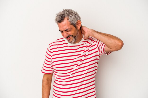 Middle age caucasian man isolated on white background  suffering neck pain due to sedentary lifestyle.