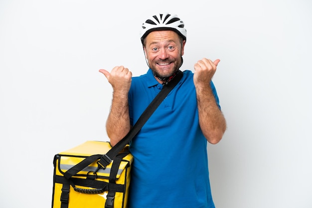 Middle age caucasian man with thermal backpack isolated on white background with thumbs up gesture and smiling