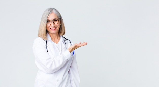 Middle age doctor woman smiling cheerfully, feeling happy and showing a concept in copy space with palm of hand