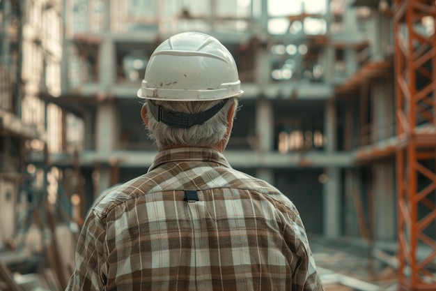 Middle age grey haired man builder wearing hardhat standing backwards at construction site