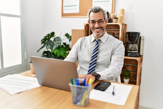 Middle age greyhaired man business worker using laptop working at office