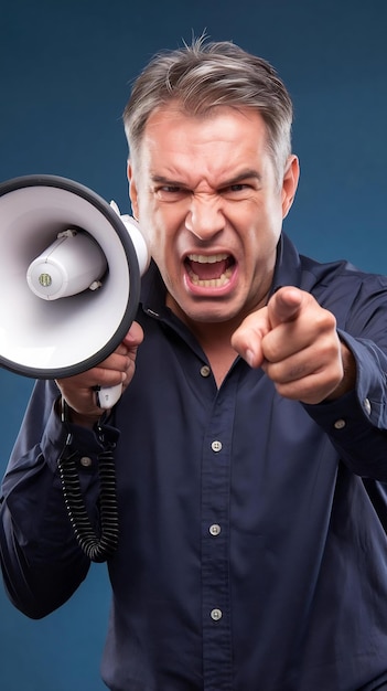 Photo middle age man with grey hr in dark color shirt shouting in megaphone with aggressive expression po