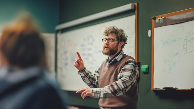 Photo middle age professor at whiteboard in indoor classroom