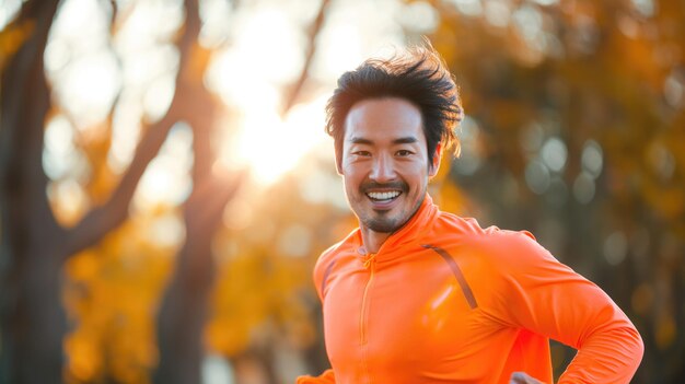 Middle aged active cheerful asian man in bright orange sporty smiling at camera with toothy smile