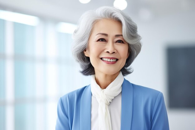 Middle aged Asian businesswoman in blue suit with happy expression