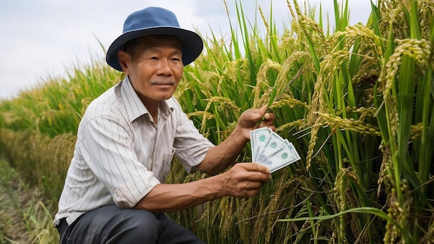 Middle aged asian farmer harvest of the ripe rice and dollars banknote in rice field