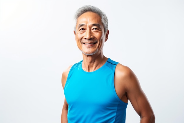 Middle aged Asian man in blue undershirt with happy laughing expression