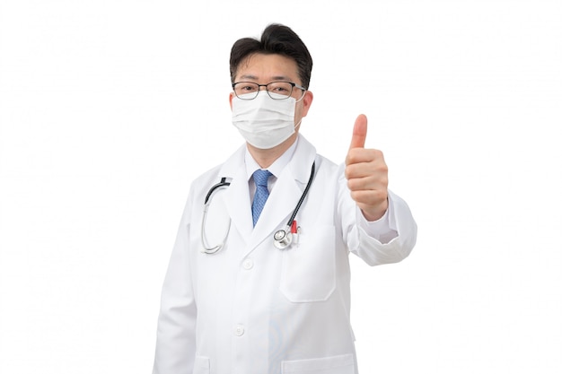 Middle-aged Asian man wearing a disposable mask showing ok sign