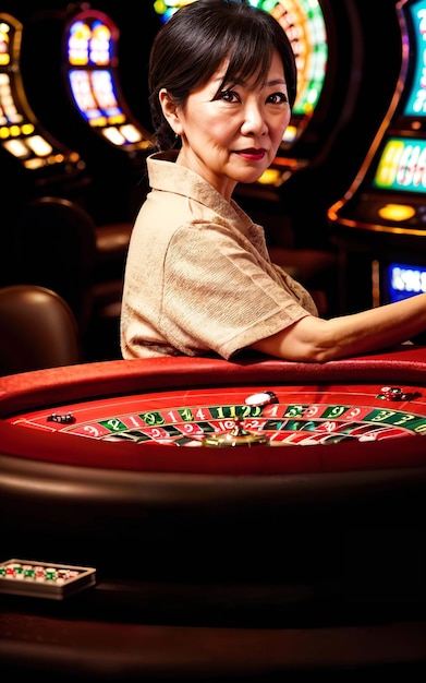 Middle aged asian woman at luxury casino generative AI