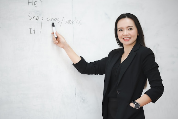 A middle-aged Asian woman teacher in classroom white board at University