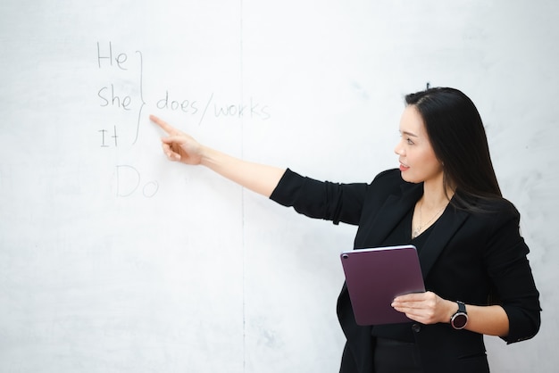 A middle-aged Asian woman teacher holding a tablet in classroom white board at University