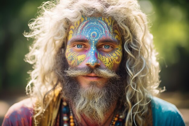 middle aged bearded hippie man with colorful painted makeup close up