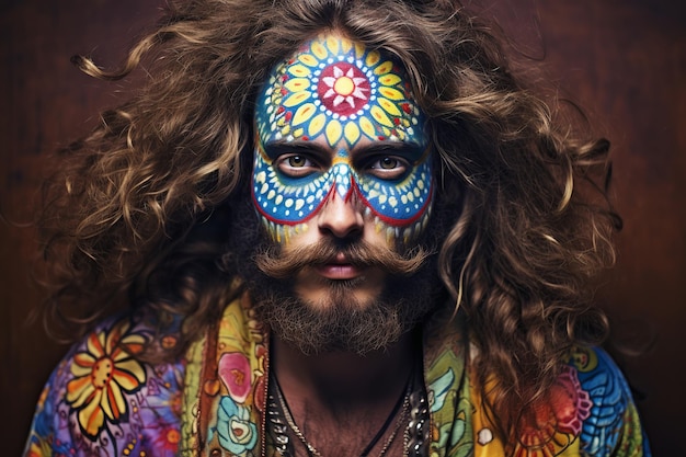 middle aged bearded hippie man with colorful painted makeup close up