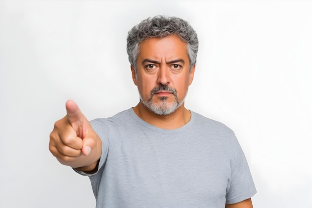 Middle aged Brazilian man with a focused look and finger pointing against a white background 3D rendering of an adult male character with a serious