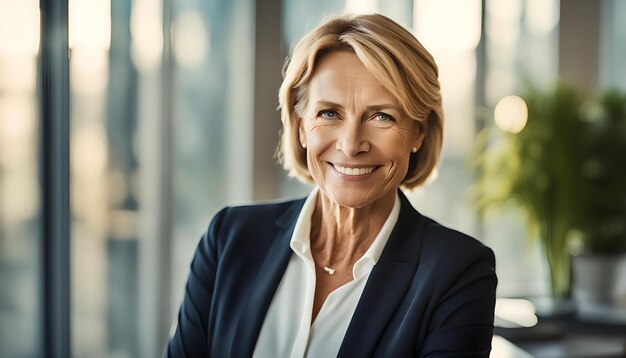 Photo middle aged business woman smiling standing in office looking at camera