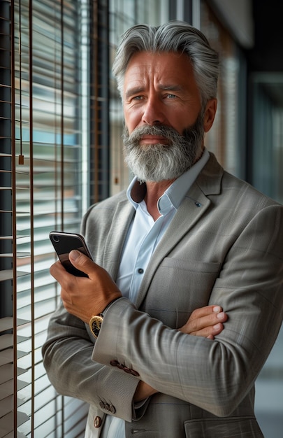 Middle aged businessman stylishly standing in office holding phone looking through window