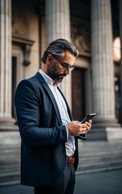 Middle aged businessman in suit using mobile phone outdoors