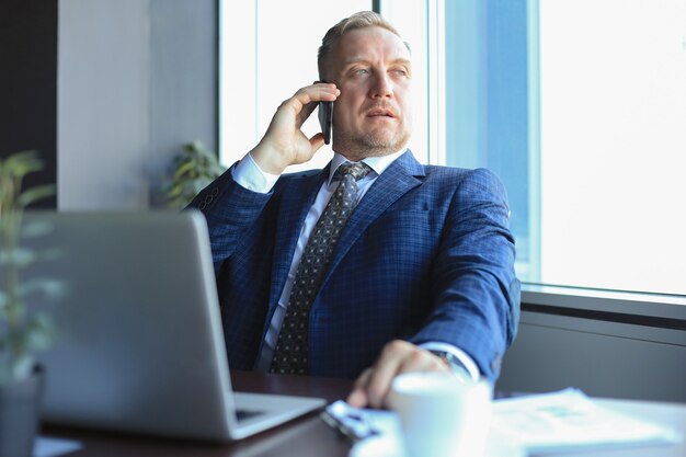 Middle aged businessman with laptop talking on telephone in modern office.