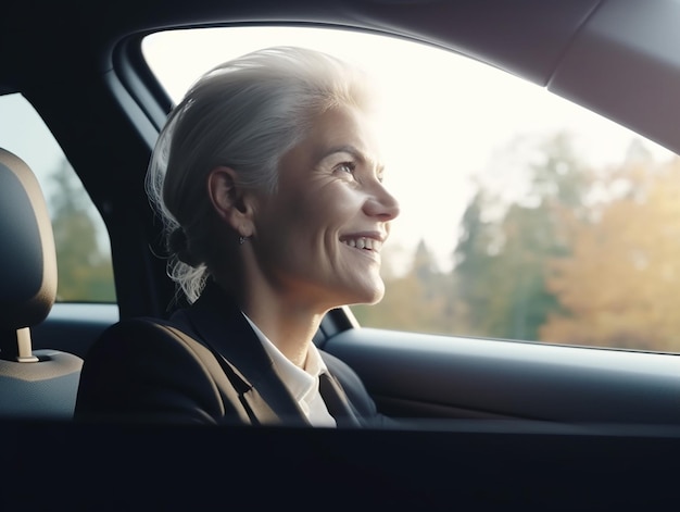 Middle Aged Businesswoman Driving Car with Optimistic Spirit and a Happy Smile