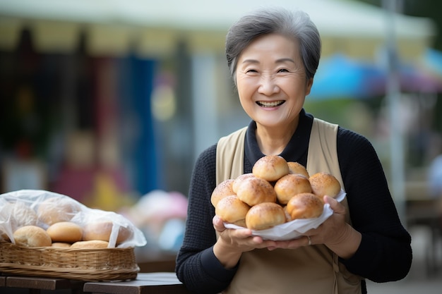 Middle aged Chinese woman at outdoors holding bread