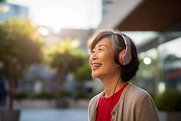 Middle aged Chinese woman at outdoors listening music with headphones