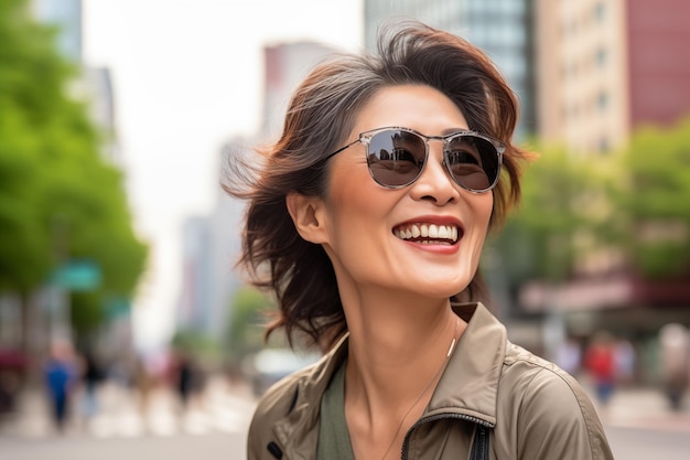 Middle aged Chinese woman at outdoors with sunglasses