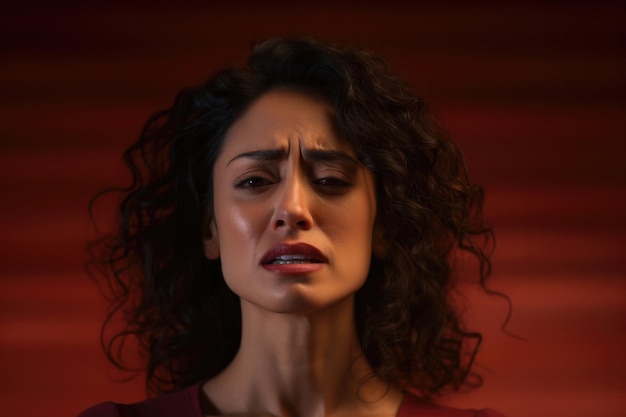 Middle aged Latina woman with curly hair crying