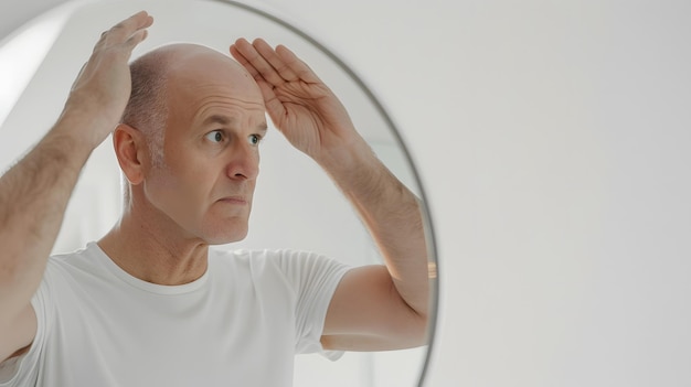 Photo middle aged man checking his bald spots in the mirror isolated on white background space for